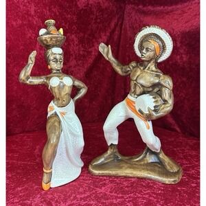 Vintage Ceramic Caribbean Couple Figurines Fruit Basket Drummer Crackle Glaze